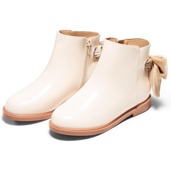 🆕Girls Off-white Faux Leather Ankle Bow Chunky Low Heel Side Zipper Dress Boot - Picture 9 of 10